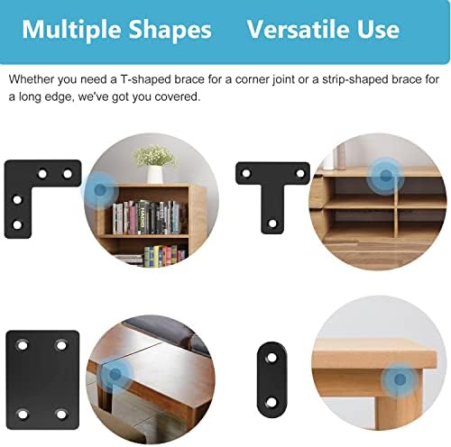 QSJ 22 Pack Straight Brace Stainless Steel Black Flat Brace Straight Corner Braces Straight Brackets Metal Flat Straight Mending Plates with Screws