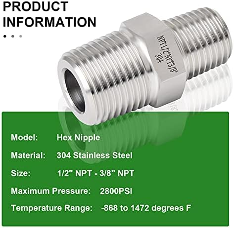 TAISHER 5PCS 304 Stainless Steel Hex Nipple, Reducer Pipe Fitting 1/2-Inch Male Pipe x 3/8-Inch Male Pipe