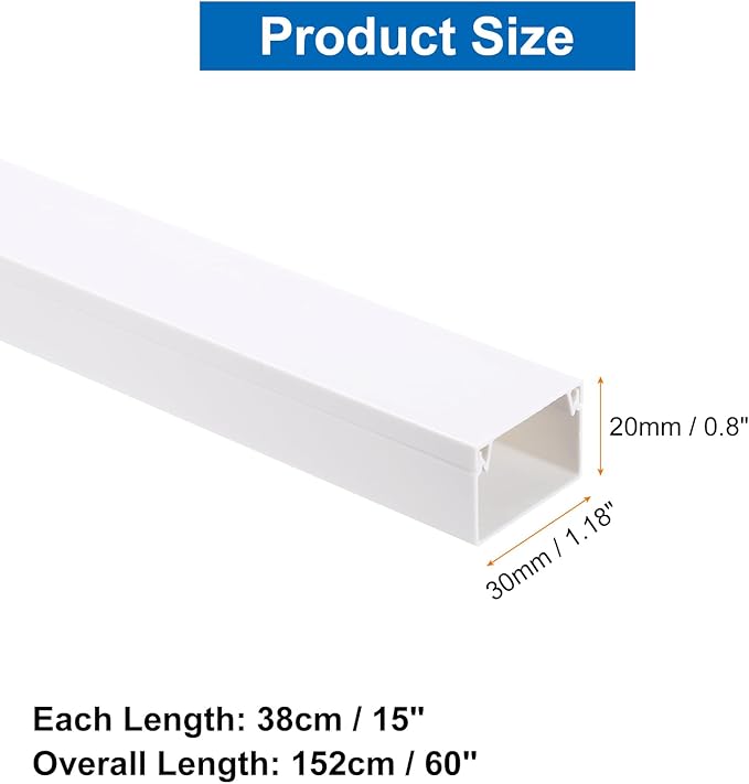 HARFINGTON 4pcs Cord Hider Wall 15inx1.18inx0.8in (LxWxH) PVC Cable Cover Self Adhesive Wire Hider Wall Mounted TV Cable Raceway for Cables Management (60in Total Length),White