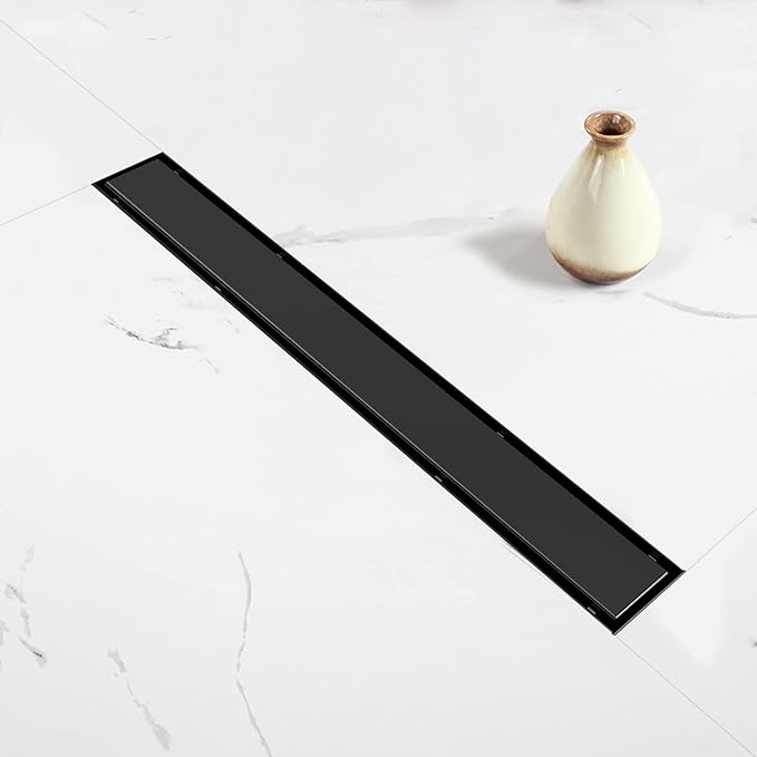 Linear Shower Drain, 28 inch Black Drain with Tile Insert 2-in-1 Panel, Brushed 304 Stainless Steel Shower Floor Drain, Linear Drain with Hair Strainer and Adjustable Feet
