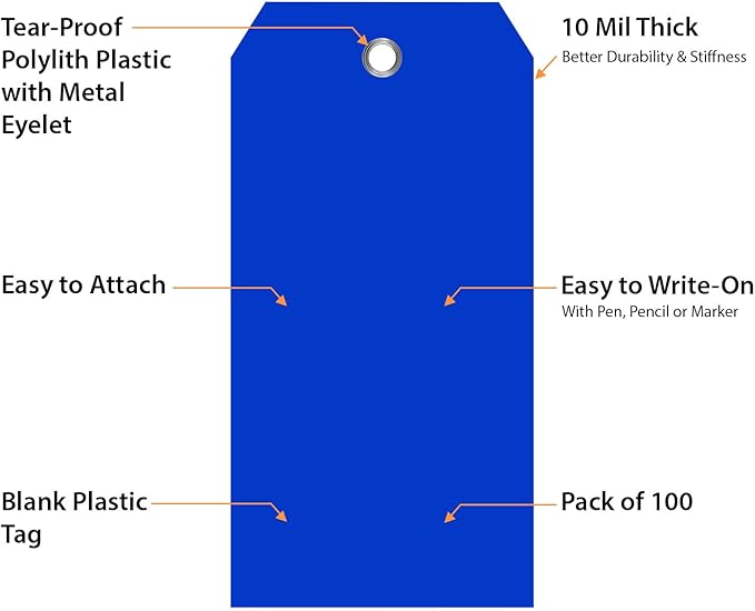 SmartSign 100-Pack Blue Plastic Tags with Pre-Punched Hole, 4.75" x 2.375", Size#5, 10 mil Tearproof Plastic Tags with Metal Eyelet, Writable Blank Tags for Shipping/Labeling, USA-Made