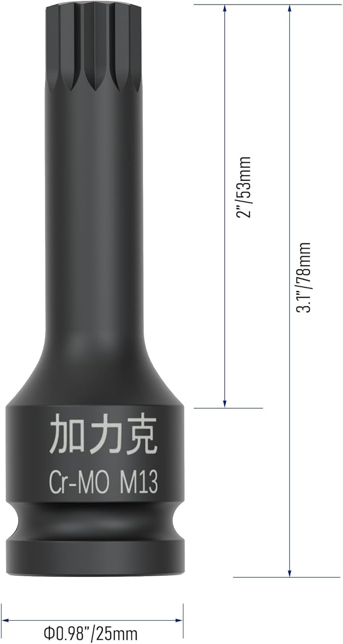1/2-Inch Drive x M13(13mm） Impact XZN Triple Square Spline Bit Socket, Metric Lengthen Screwdriver Socket Adapter, 3-Inch Length, CR-MO Steel, One-Piece Construction, Black