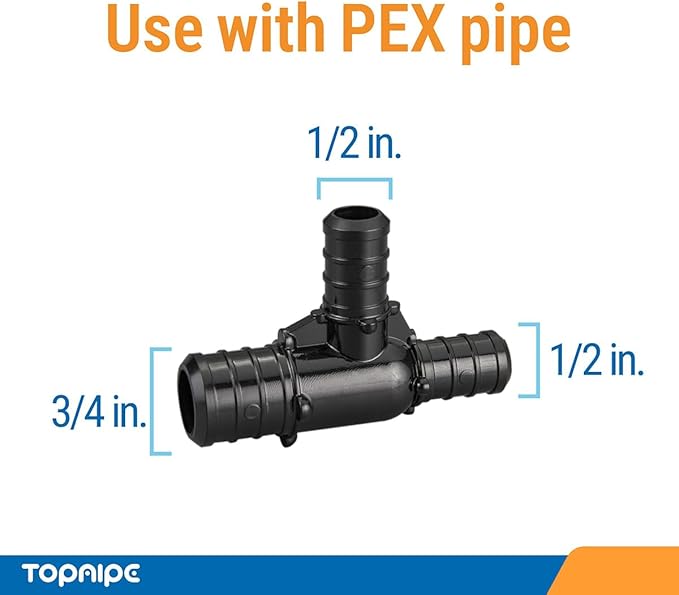 (Pack of 20) Topaipe 3/4 x 1/2 x 1/2 Inch PEX Poly Crimp Reducing Tee, PPSU Fitting for PEX Tubing, PERT, ASTM F2159