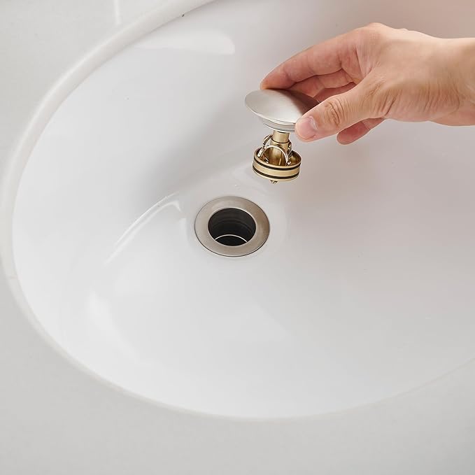 BWE Brushed Nickel One-Piece Sink Drain Stopper with Overflow for Bathroom Vessel Vanity Faucet Bathroom SinkPop-Up Drain Assembly with Strainer
