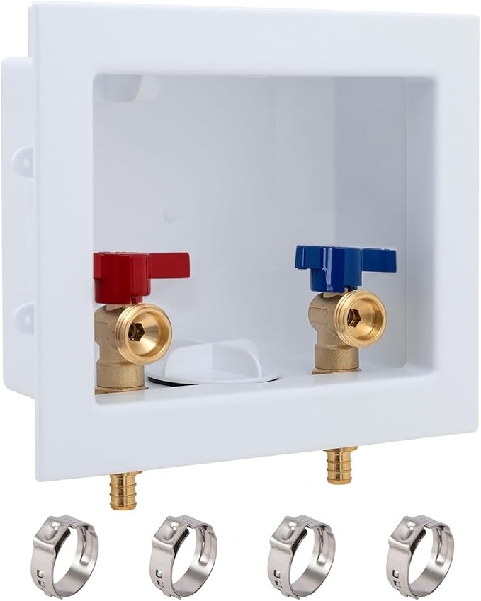SUNGATOR Pex Washing Machine Outlet Box with Center Drain, Laundry Washer Valve Box, 1/2 Inch Pex Crimp Inlet x 3/4 Inch MHT Outlet，with 4 Crimp Rings
