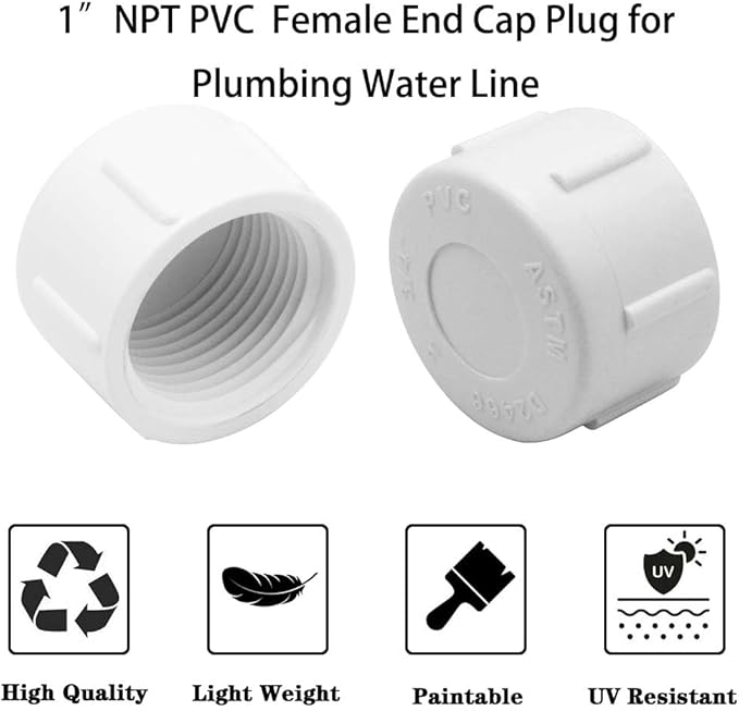 YSIL 1 Inch PVC Female Threaded End Cap Plug, Water Pipe Connector Fittings for Plumbing Line (12 Pack) White