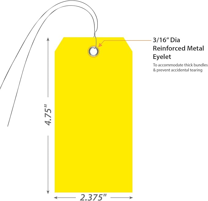 SmartSign Pack of 100 Yellow Plastic Tags with Wires, 4.75 x 2.375 inch, Metal Eyelet, 10 mil Tear-Proof Polylith Plastic Size 5, Writable