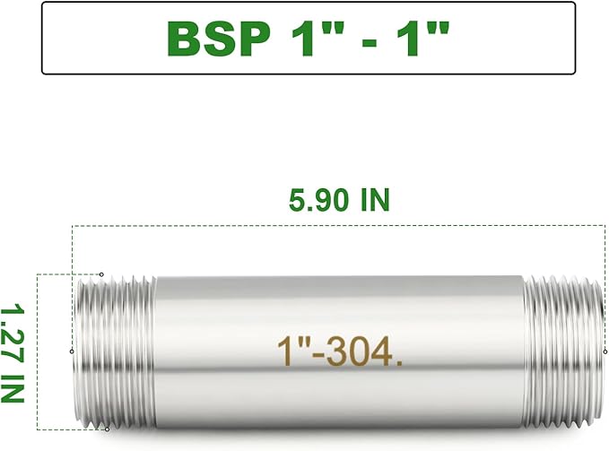 TAISHER 2PCS Stainless Steel Pipe Fittings, 1" BSP Male x 1" BSP Male Threaded, 6" Length Nipple Cast Pipe