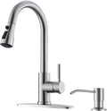 WEWE Kitchen Sink Faucet with Soap Dispenser, Kitchen Faucet with Pull Down Sprayer 3 Modes Stainless Steel Single Handle Single Hole Pull Out Brushed Nickel Faucet for Bar Laundry RV Utility Sink