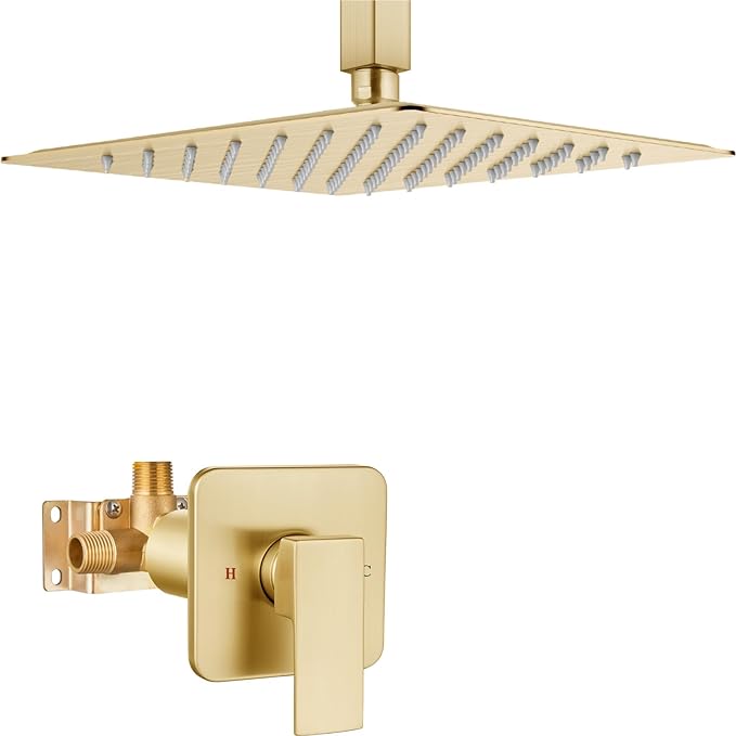 Heyalan Shower Faucet Set Square Stainless Steel Bathroom Rainfall Shower System One Handle Single Function Shower Trim Kit with Rough-in Valve Male Thread,Ceiling Mount,10 Inch,Brushed Gold