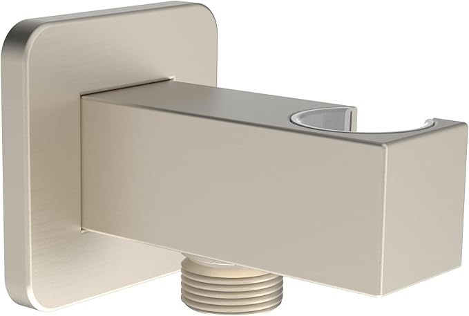 Aquaiaw Wall Supply Elbow with Flange, Tapered 1/2 NPT Female Inlet, Solid Brass Wall Union With Handshower Holder, Square Wall Supply Elbow With Hand Held Shower Head Bracket, Nickel Brushed PVD