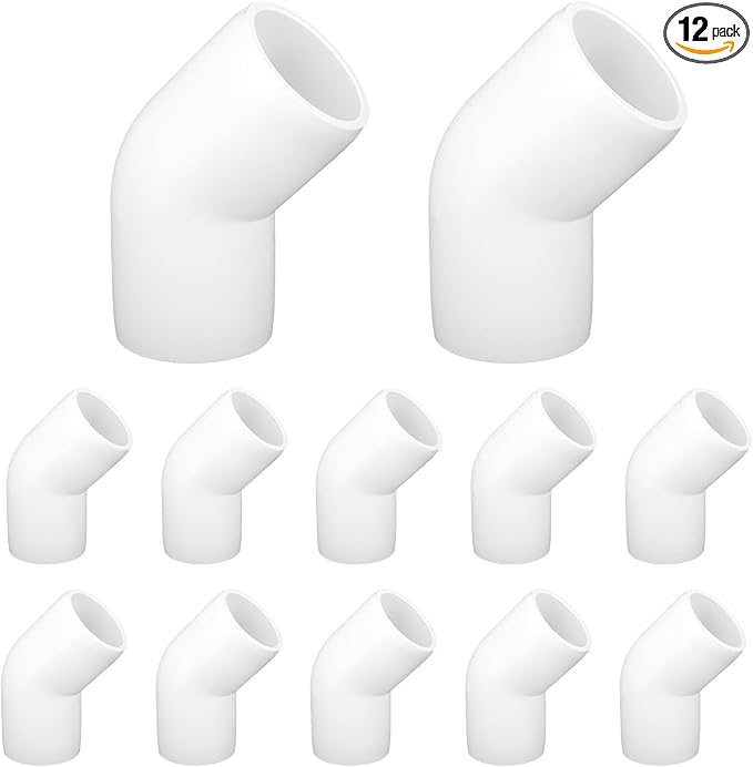 12-Pack 3/4" PVC Fittings 45 Degree Elbow, Furniture Grade 2 Way Pipe Fittings Connector for Schedule 40 PVC Pipe, DIY Furniture, Shelf, Greenhouse