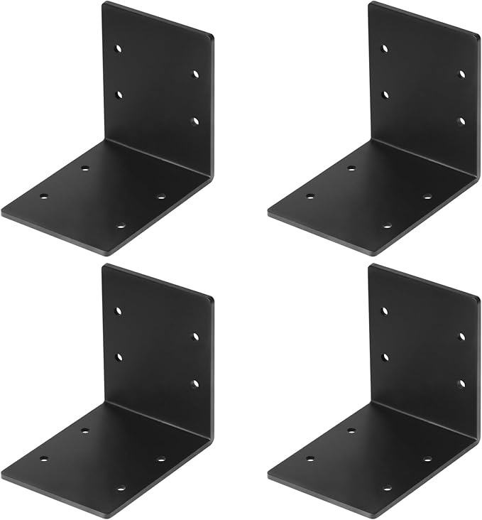 4 PCS Black 6" x 6" x 5" Heavy Duty Steel L Right Angle Bracket, Corner Brace for Timber Connector Shelves Wood Support, Thickness 1/8", Max Load 150 lb