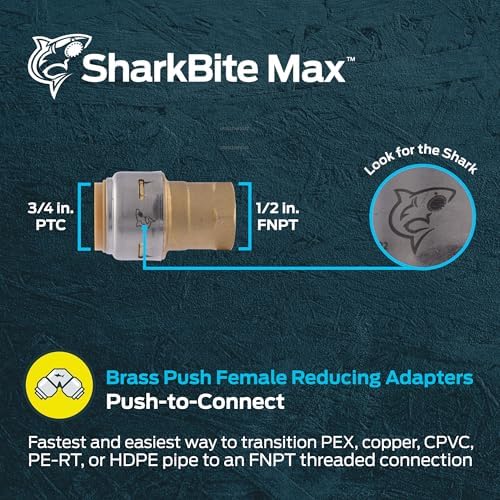 SharkBite Max 3/4 x 1/2 Inch FNPT Reducing Adapter, Push-to-Connect Brass Plumbing Fitting, UR092A
