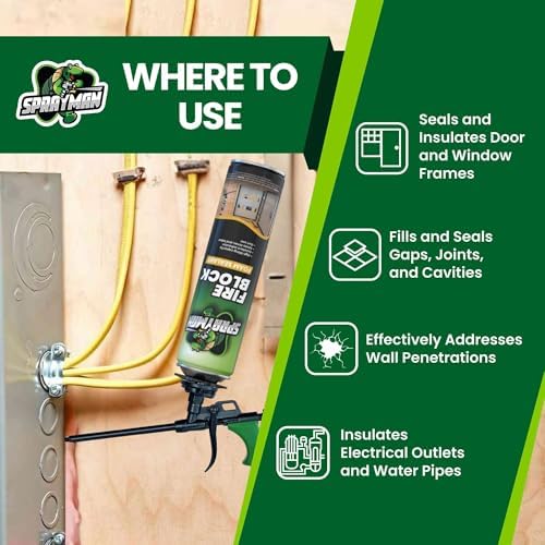 Sprayman Orange Fire Block Expanding Spray Foam - (12x20oz) Professional Gun Use Polyurethane Foam for Electrical Outlets & Water Pipes, B2 Fire Rated - Gun Included - 12 Pack