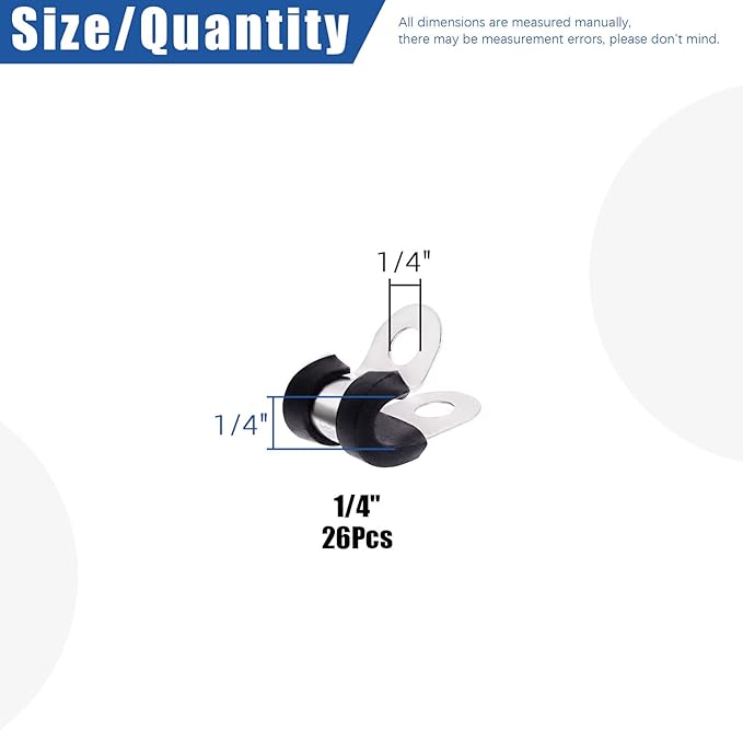 Glarks 26Pcs 1/4'' 304 Stainless Steel Cable Clamps, Rubber Cushioned Insulated Clamps Hose Clamps Loop Clamps Pipe Clamps Metal Clamps Set for Tube, Pipe or Wire Cord Installation