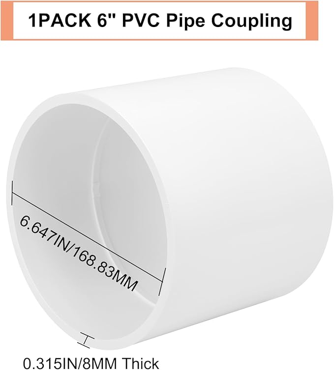 6" PVC Pipe Coupling Adapter Pipe Fittings (Socket x Socket) Contractor Pack Schedule 40 Heavy Duty 6 Inch PVC Slip Socket Connectors for DIY PVC Shelf Garden Support Structure, White