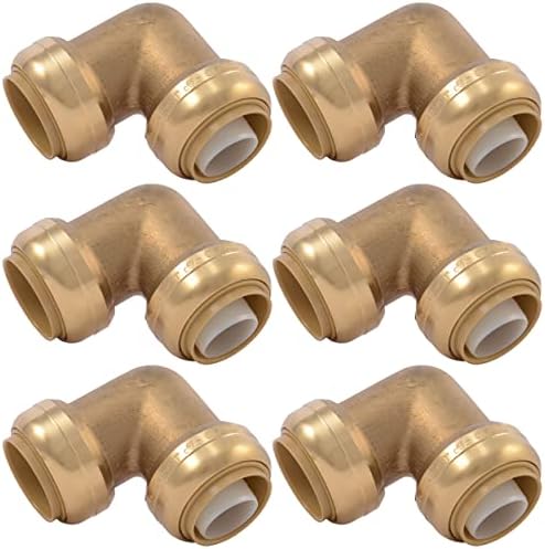 SharkBite 1 Inch 90 Degree Elbow, Pack of 6, Push to Connect Brass Plumbing Fitting, PEX Pipe, Copper, CPVC, PE-RT, HDPE, U260LF