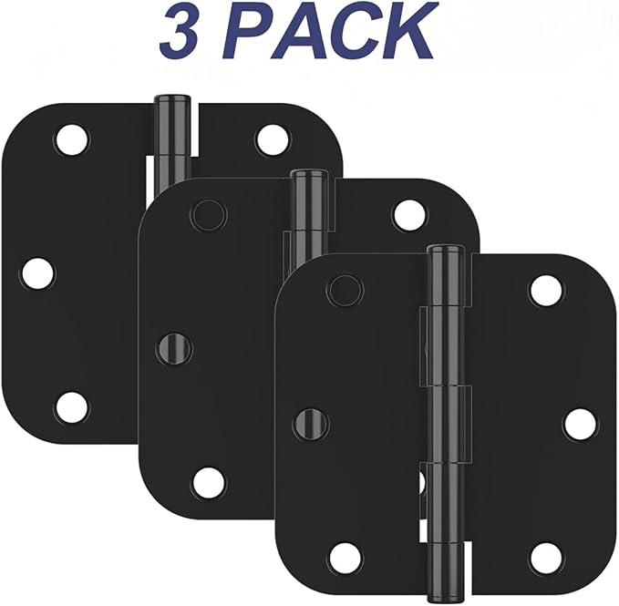 3 Pack Rounded Matte Black Door Hinges, 3.5 x 3.5 Inch Hinges with 5/8" Radius Corners, Durable and No Squeak Hinges, for Home Interior, Exterior Doors and Commercial Use