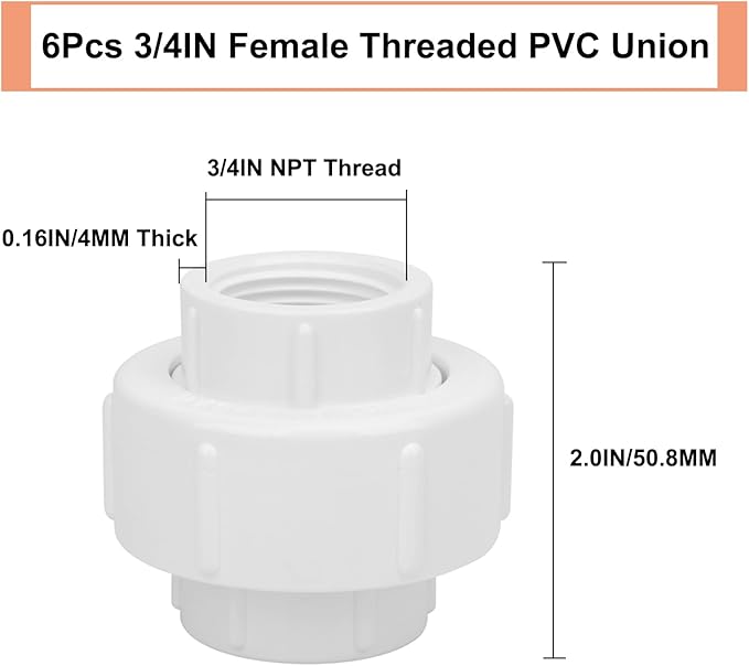 6Pcs 3/4Inch Female Threaded PVC Union Coupling Pipe Fitting (F x F) 3/4'' PVC FNPT Female Union Coupling Adapter for Sprinkler Pipe, Irrigation, Plumbing, Schedule 40, EPDM O-Ring