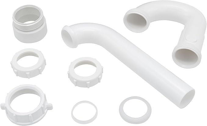 1-1/4 Inch P-Trap Kit, Polypropylene Tubular with PVC Marvel Adapter, Ribbed Threaded Nuts for Strong Leak-Free Connection, Includes J-Bend, Wall Arm & Washers