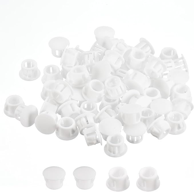 uxcell 15/32" Plastic Hole Plugs, 110Pcs Flush Type Panel Round Snap in Fastener Knockout Locking Plugs for Furniture Insert End Caps Panels, White