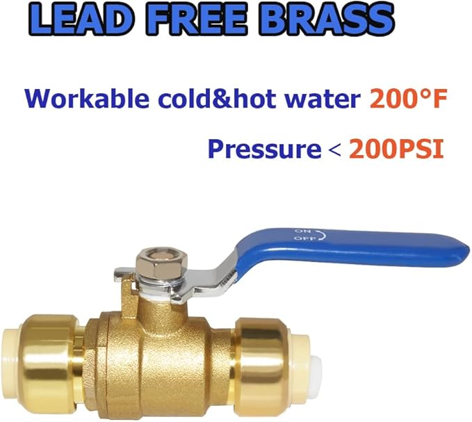 Hooshing 1/2 Inch Push-Fit Full Port Ball Valve Shut Off Water Valve Push-to-Connect, PEX, Copper, CPVC, PE-RT, Solid Brass, Blue