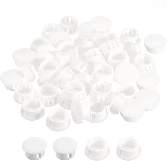 uxcell 23/32" Plastic Hole Plugs, 110Pcs Flush Type Panel Round Snap in Fastener Knockout Locking Plugs for Furniture Insert End Caps Panels, White