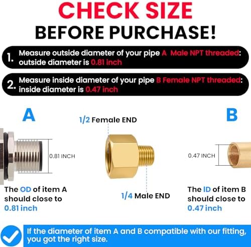 SDTC Tech 2-Pack Brass Pipe Fitting 1/4 NPT Thread Male to 1/2 NPT Thread Female Reducer Adapter, Brass Pipe Extension Connectors