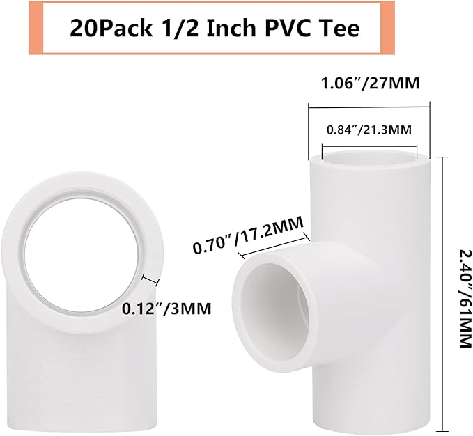 20 Pack 3 Way 1/2 Inch Tee PVC Fittings, 1/2inch SCH 40 PVC Pipe Fitting Adapter for Water Supplies Build PVC Furniture DIY Garden Shelf Greenhouse (Socket *Socket*Socket)