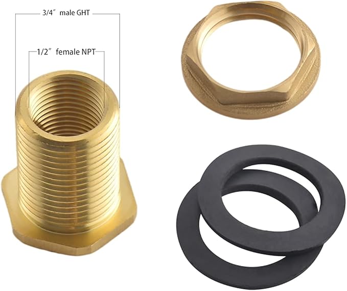 1/2" Female NPT and 3/4" Male GHT (Garden Hose Threaded) Solid Brass Water Tank Connector, Bulkhead Fitting With 2 Rubber Ring