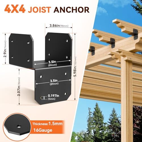 4Pcs 4x4 Joist Anchor Connector - Heavy Duty Steel Post Cap Tie Brakcet, 16 Gauge Carbon Steel 4x4 Post Connector Brackets, Post to Beam Connector Fits 2x4 Lumber(Actual Size 3.5"x3.5")