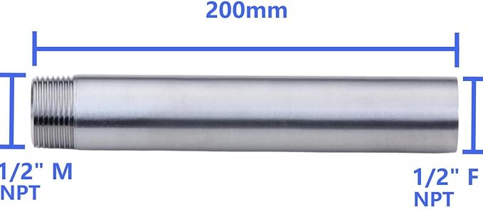 CONSTELLAR 304 Stainless Steel Pipe Fitting - 1/2" NPT Male x 1/2" NPT Female Threaded Thickened Pipe Wall, 200mm (8 inch) Length Heavy Nipple Seamless Pipe (1 Pcs)