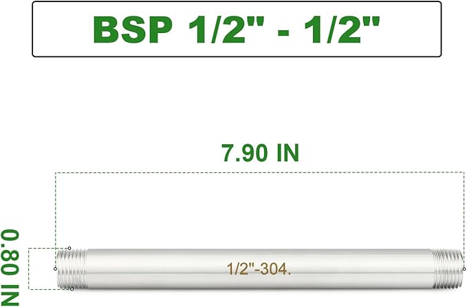TAISHER 2PCS Stainless Steel Pipe Fittings, 1/2" BSP Male x 1/2" BSP Male Threaded, 8" Length Nipple Cast Pipe