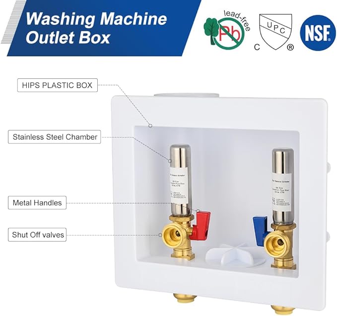 EFIELD Universal Washing Machine (Laundry) Outlet Box with Center Drain, 1/2-inch Push fit Connection With Stainless Steel Water Hammer Arrestor,(WM054)