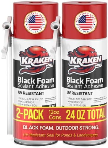 Kraken Bond Black Spray Waterfall Foam Sealant - (2x12oz) Expanding Polyurethane Pond Foam Sealer Black, UV Resistant Insulating Spray for Landscape & Exterior, Straw Use, 2 Pack