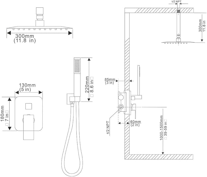 12 Inch Ceiling Mount Oil Rubbed Bronze Shower System Bathroom Luxury Rain Mixer Shower Combo Set Ceiling Rainfall Shower Head System (Contain Shower Faucet Rough-in Valve Body and Trim Kit)