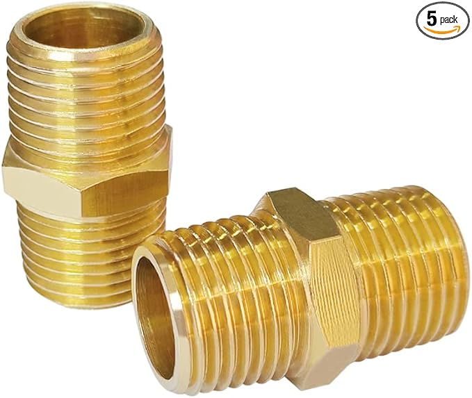 Hooshing 5PCS Brass Hex Nipple,1/2" x 1/2" NPT Male Adapter Pipe Fitting