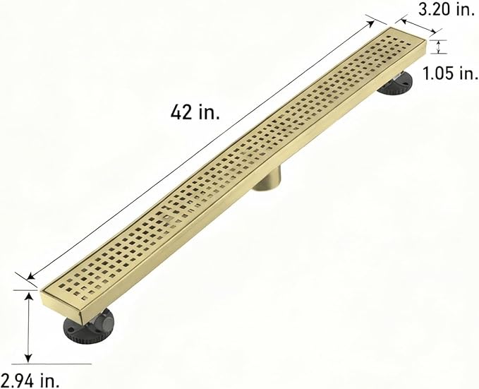 Linear Shower Floor Drain, Brushed Gold 42 Inch 304 Stainless Steel Bathroom Drains Kit, Long Rectangular Shower Trench Drain with Square Pattern Drain Cover & Hair Catcher