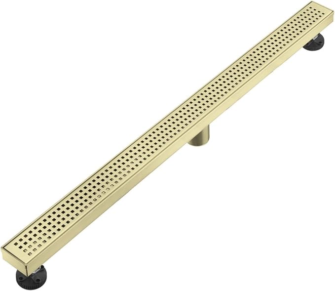 Linear Shower Floor Drain, Brushed Gold 60 Inch 304 Stainless Steel Bathroom Drains Kit, Long Rectangular Shower Trench Drain with Square Pattern Drain Cover & Hair Catcher