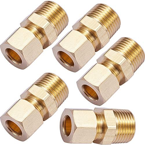 Brass Compression Tube Pipe Fitting Connector, Straight Coupling Adapter, 3/8" Tube OD x 3/8" NPT Male Connector 5pcs (3/8" OD Compression x 3/8" NPT Male)