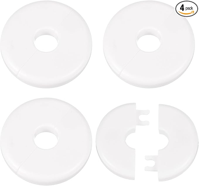 HARFINGTON 4pcs Wall Split Flange 11mm/0.4" Self-Adhesive Plumbing Cover Plates ABS Plastic Round Escutcheon Plate Buckle Design for Water Pipe Bathroom Kitchen Decoration, White