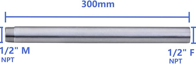 CONSTELLAR 304 Stainless Steel Pipe Fitting - 1/2" NPT Male x 1/2" NPT Female Threaded Thickened Pipe Wall, 300mm (12 inch) Length Heavy Nipple Seamless Pipe (1 Pcs)