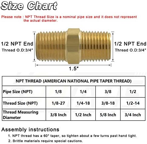 KOOTANS 1/2 NPT x 1/2 NPT Male Solid Brass Hex Nipples,4 PACK