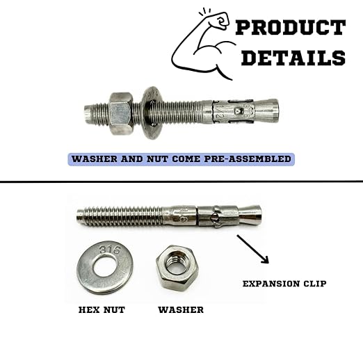 Premium 316 Stainless Steel Wedge Anchor, 5/8"-11 X 5-1/2" – Heavy Duty Corrosion Resistant Fastener for Concrete and Masonry Applications 10 Pack