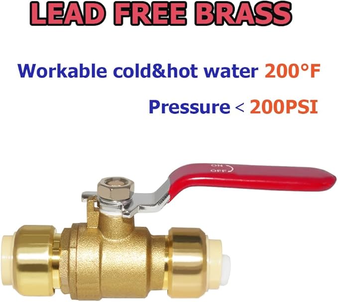 Hooshing 2PCS 1/2 Inch Push-Fit Full Port Ball Valve Shut Off Water Valve Push-to-Connect, PEX, Copper, CPVC, PE-RT, Solid Brass, Red