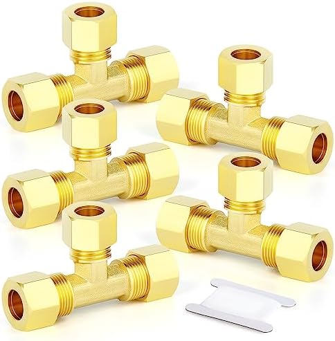 GASHER 5PCS Brass Compression Tube Pipe Fitting Connector, Tee，3/8" x 3/8" x 3/8" Tube OD Connector