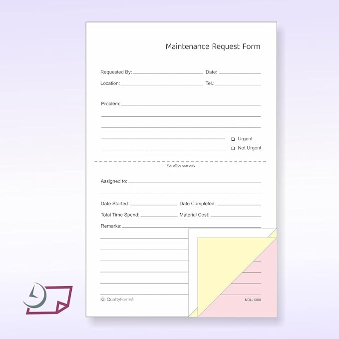 NextDayLabels - Maintenance Request Forms, 3 Part NCR Carbonless, 5-1/2" x 8-1/2" - 100 Sets - Made in The USA