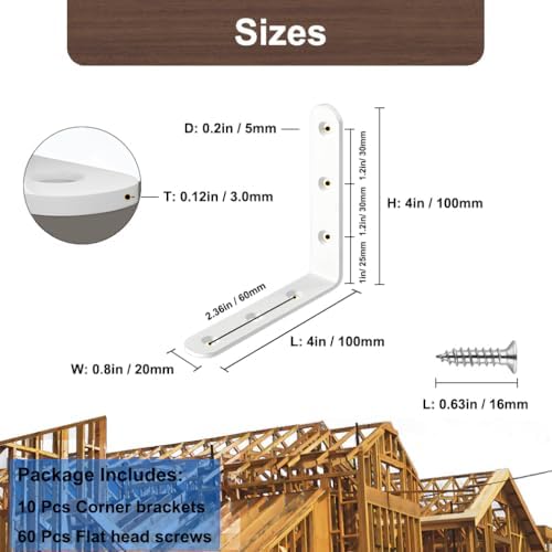 10 Pcs White L Bracket 4 Inch Heavy Duty Stainless Steel Corner Braces, 90 Degree Joint Right Angle Brackets for Wood, Floating Shelf, Cabinet, DIY Frame, with Screws
