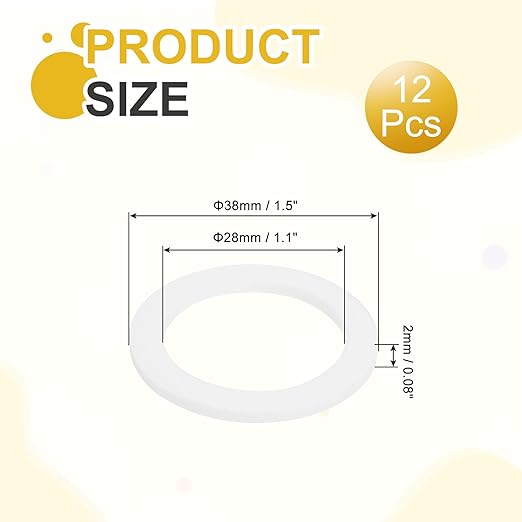 MECCANIXITY PTFE Flat Washers, 12Pack 38mm OD 28mm ID 2mm Thick Sealing Spacer Gasket Ring for Faucet Pipe Hose Bolt Machinery, White